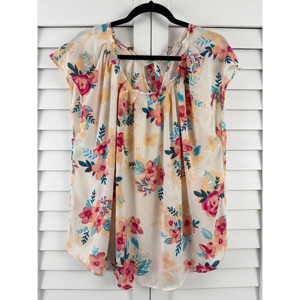 LC Lauren Conrad Blouse Women XXL White Floral Cap Sleeve Pleated Tie Back